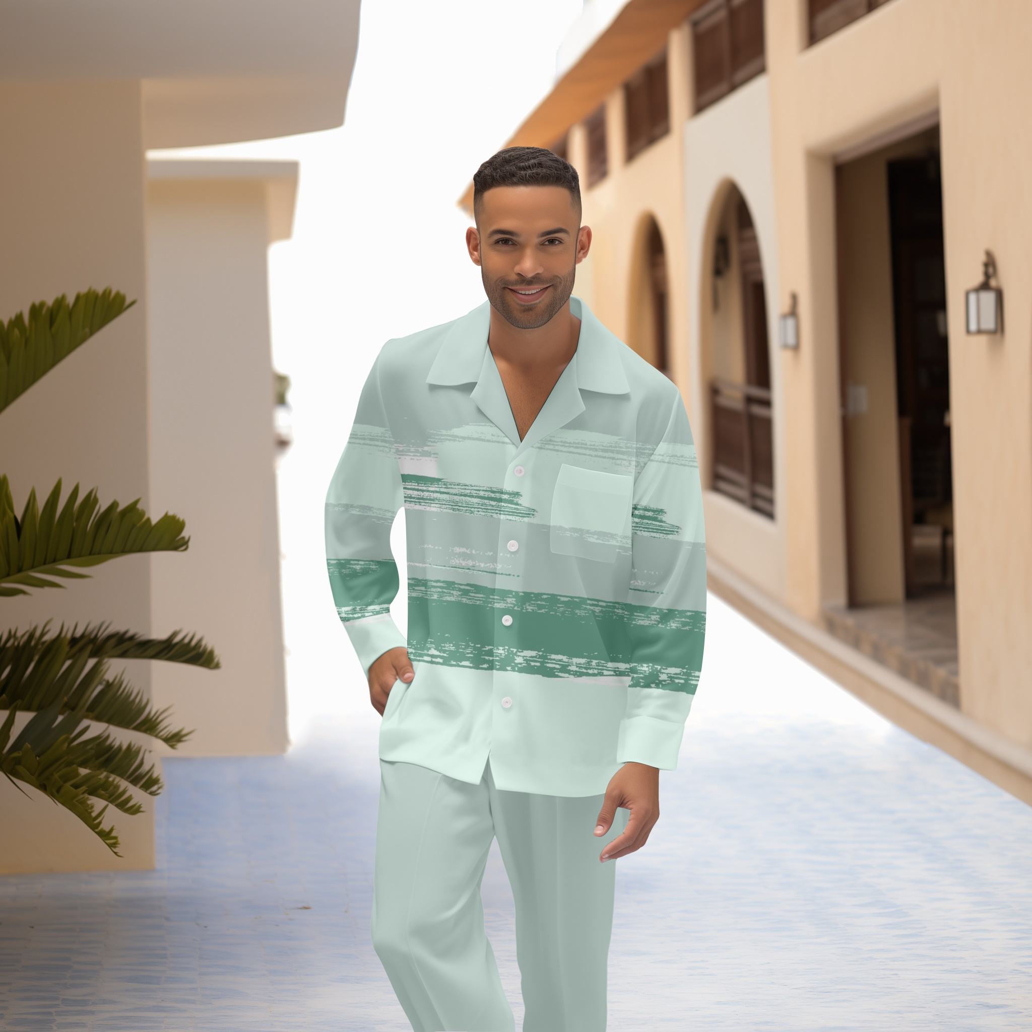 Camisa Colorblock estampado de manga larga casual Walking Suit 1464 para hombre