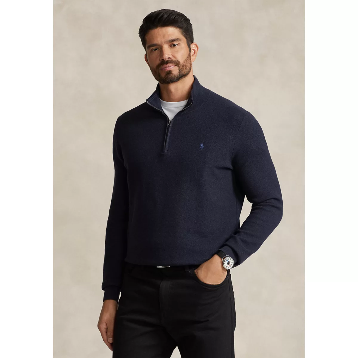 Big & Tall Mesh Knit Cotton Quarter Zip Sweater - 5