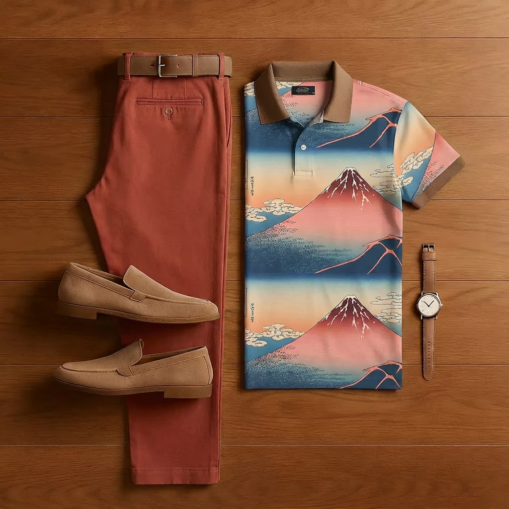 Conjunto de dos piezas casual Pink Geometric estampado de manga corta camisa And Trousers para hombre