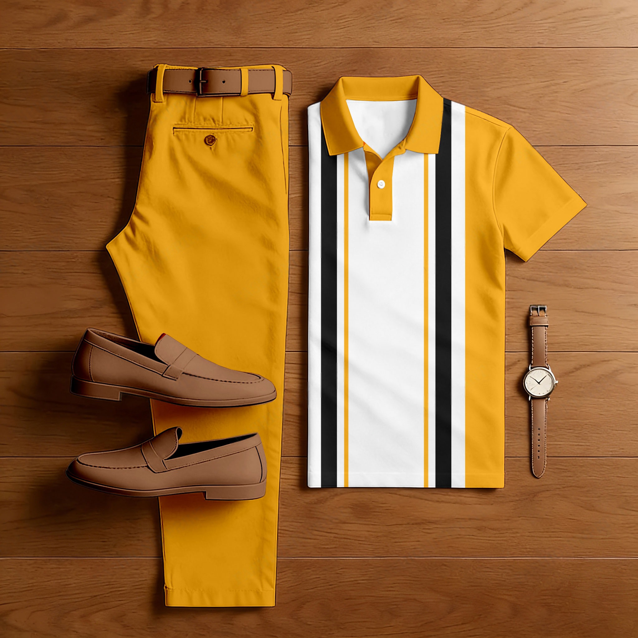 Conjunto de dos piezas casual Orange rayas estampado camisa polo And pantalón para hombre