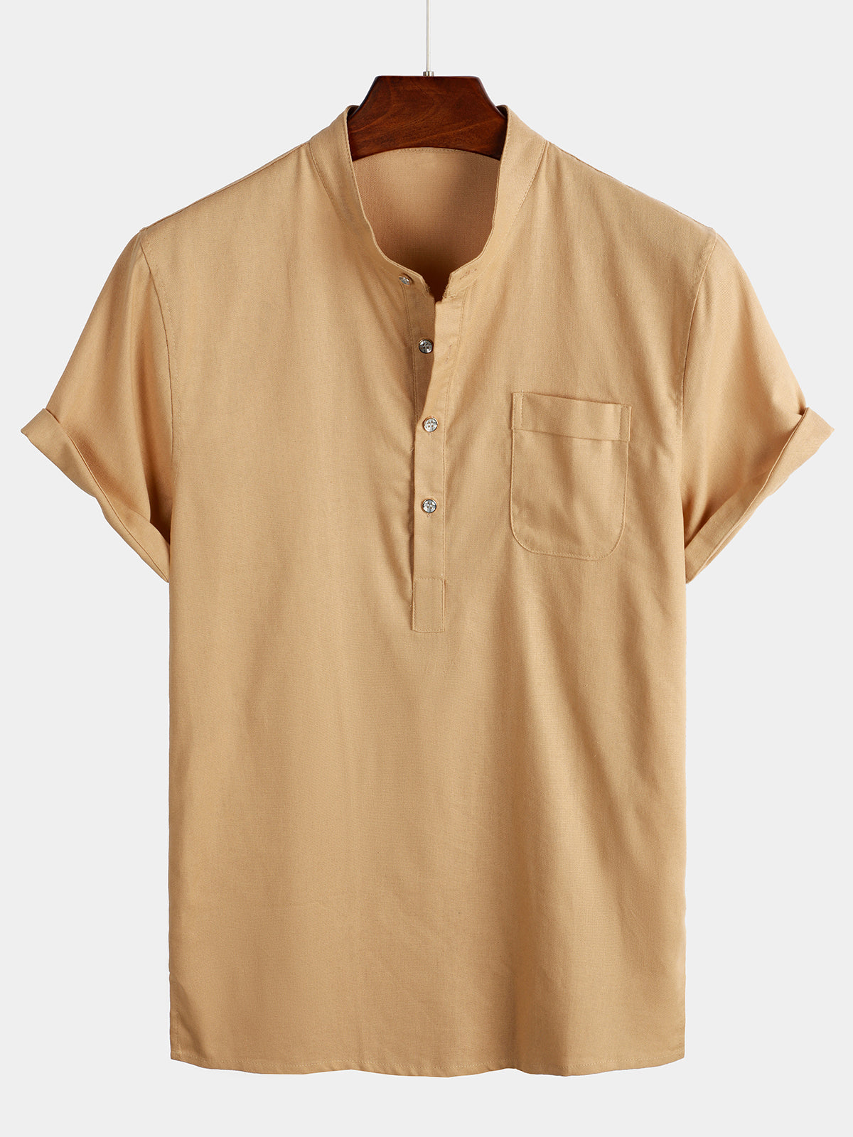 De color sólido Stand Collar Half Button Pocket Froncamiseta para hombre