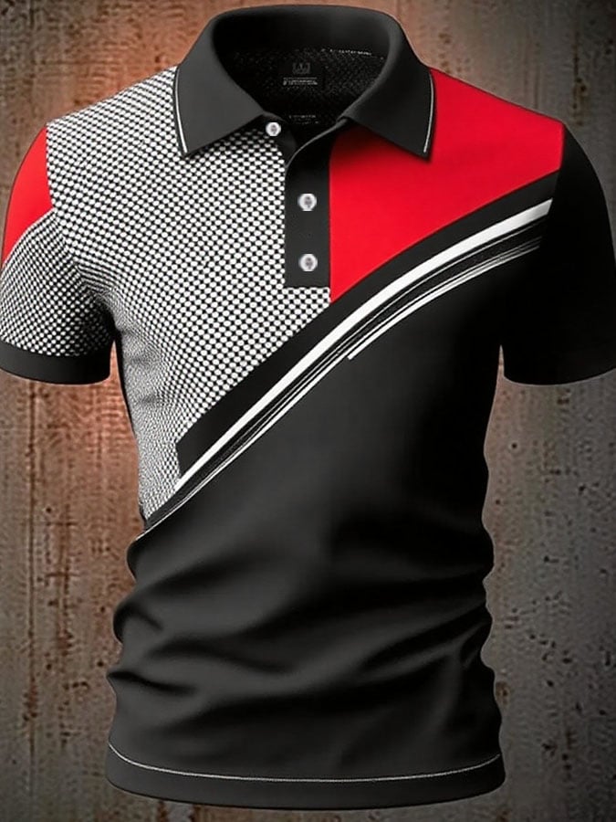 Camisa polo casual clásico Contrast Color estampado ejecutivo de manga corta para hombre