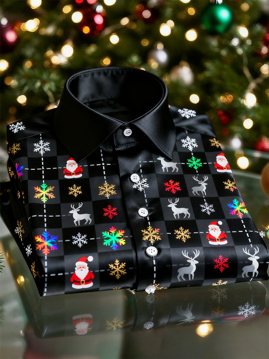 Camisa Christmas de manga larga con botones para hombre