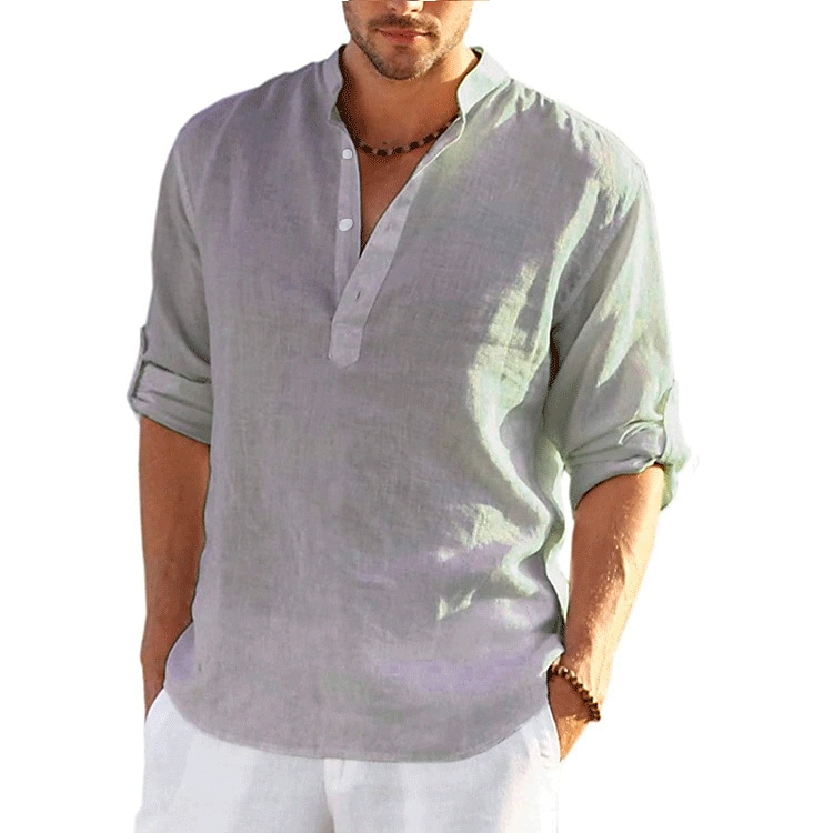 Camisa de lino camisa Band cuello camisa Popover camisa Summer camisa Beach Wear de color sólido hawaiano Holiday Black White Yellow Pink de manga larga Henley Summer Spring Clothing Apparel con botones para hombre - vista 6