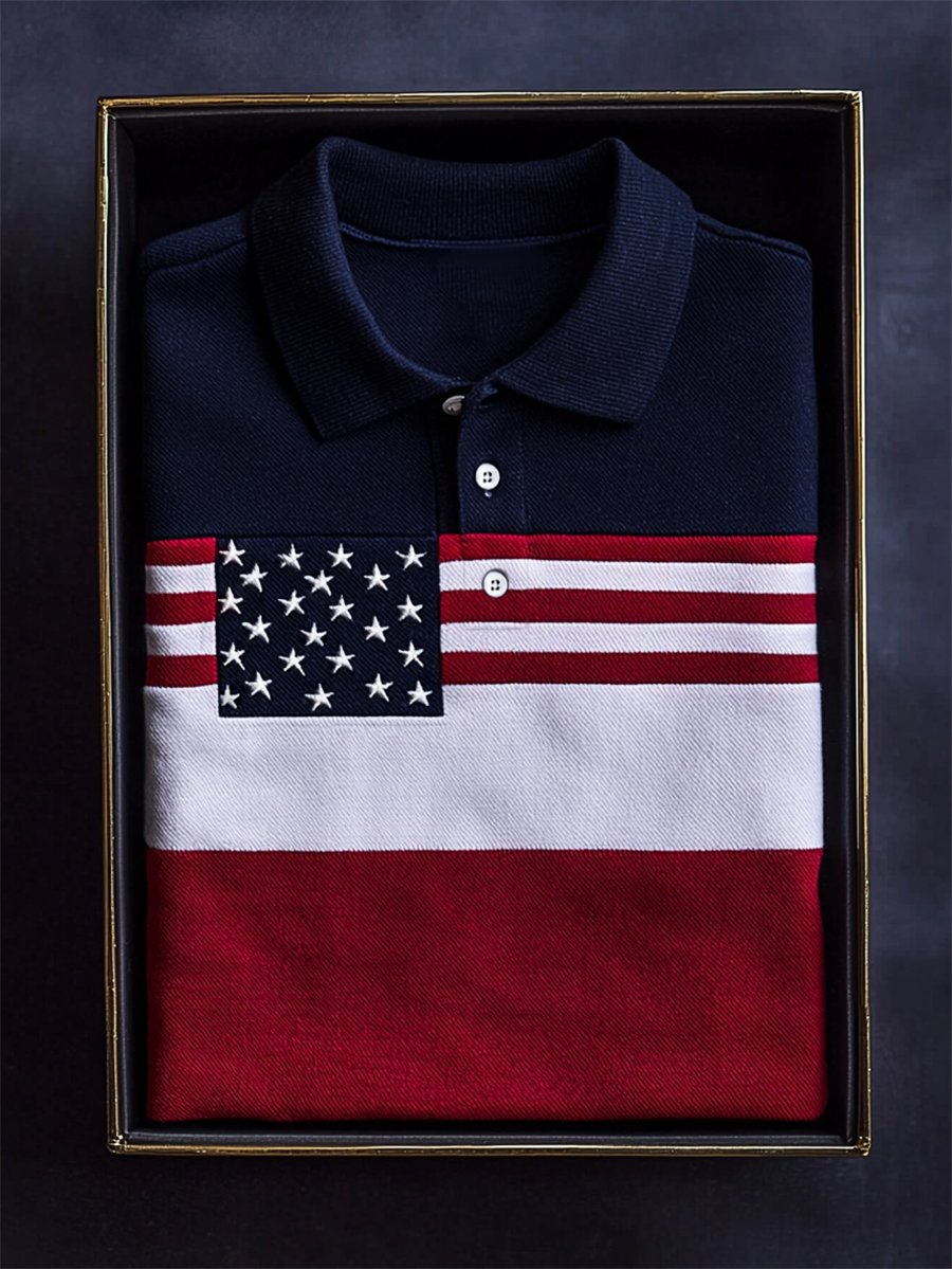 Camisa polo ejecutivo casual Independence Day a rayas Button de manga corta para hombre