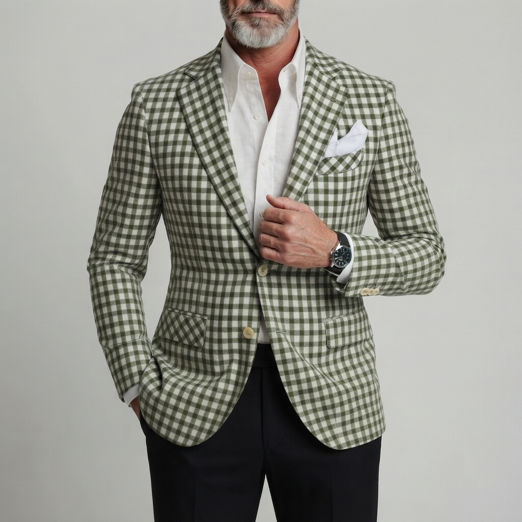 para hombre clásico Green Gingham Print Single Breasted Notch Lapel de corte entallado saco