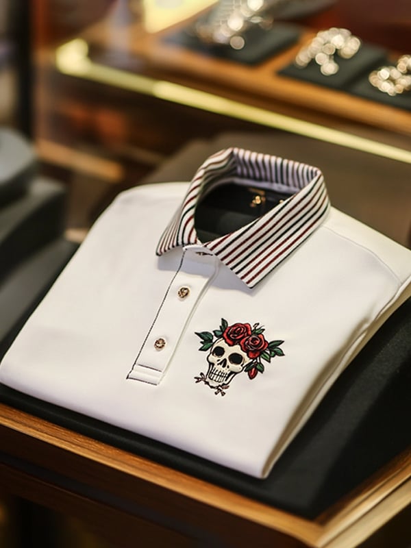 Camisa polo ejecutivo casual Skull estampado con botones para hombre