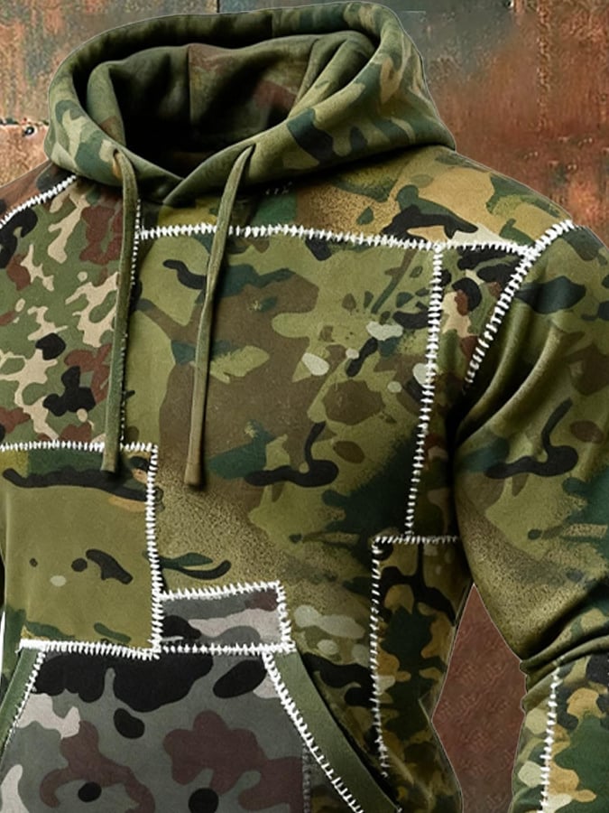 Sudadera retro desgastado en bloques de color camuflaje estampado casual de manga larga para hombre