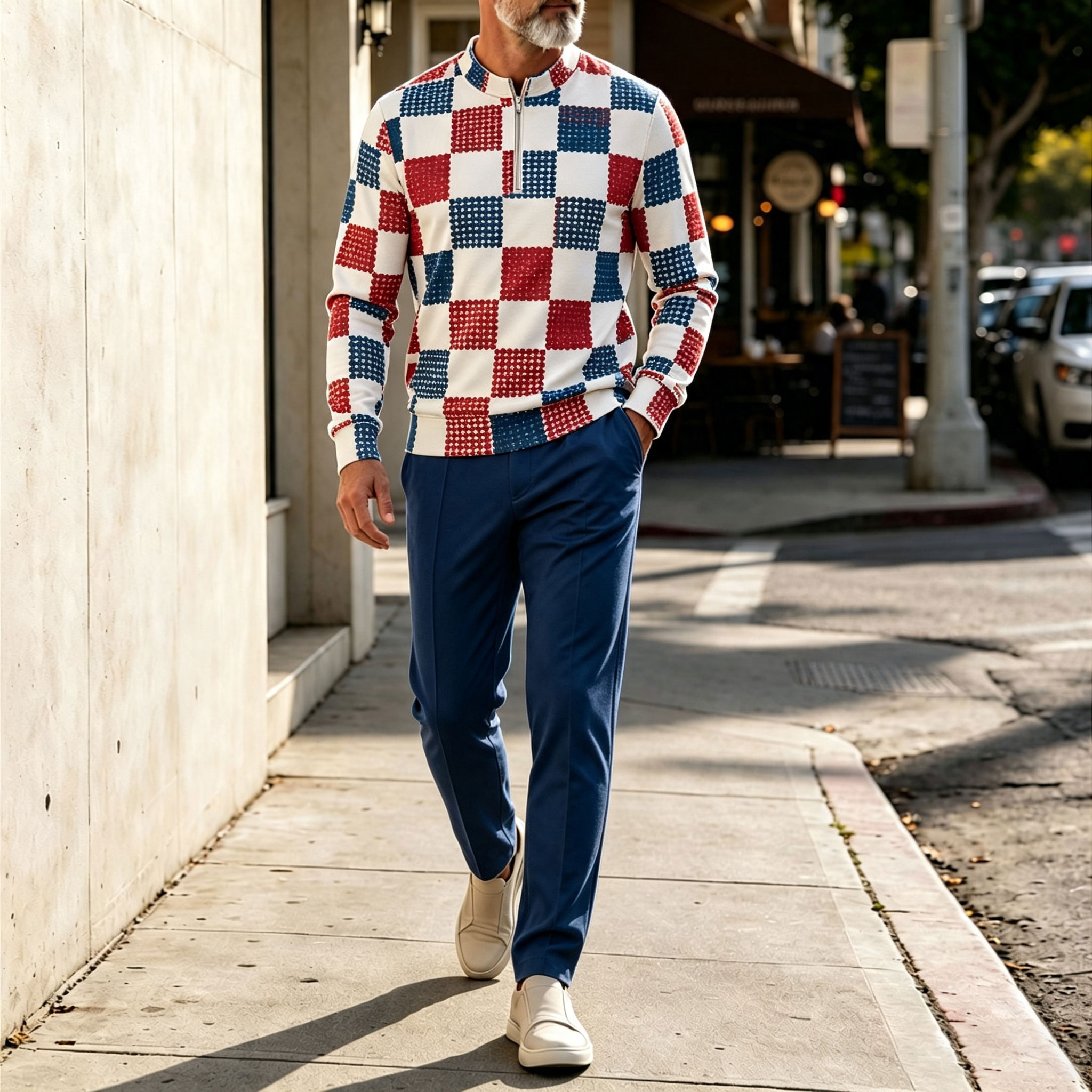 para hombre Two-Tone Checkered Round-Neck Zipper de manga larga camisa and pantalón Set