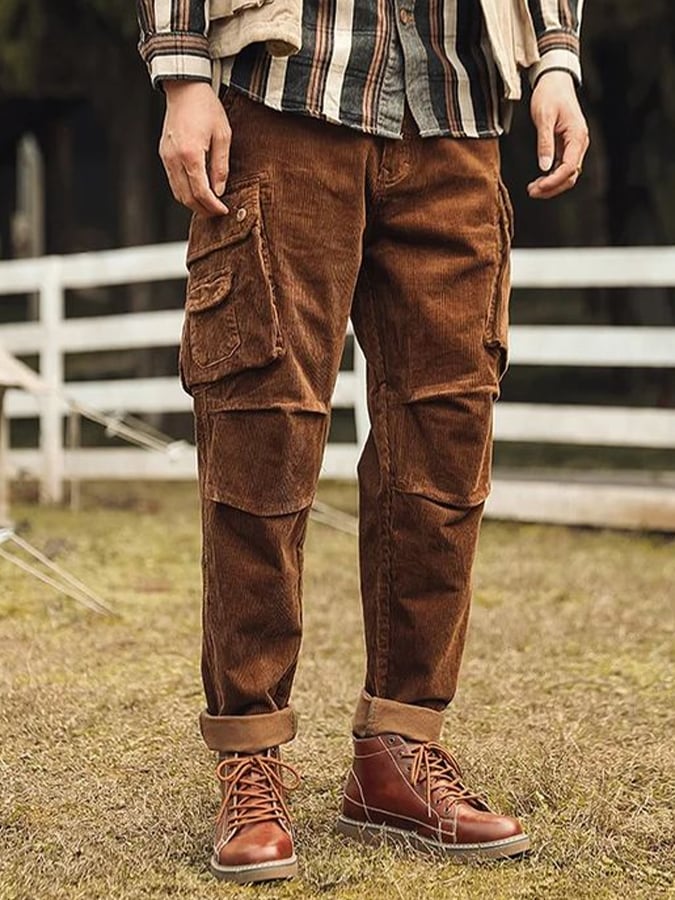 Pantalón vintage tejido tipo waffle para exterior Multi-bolsillo para hombre