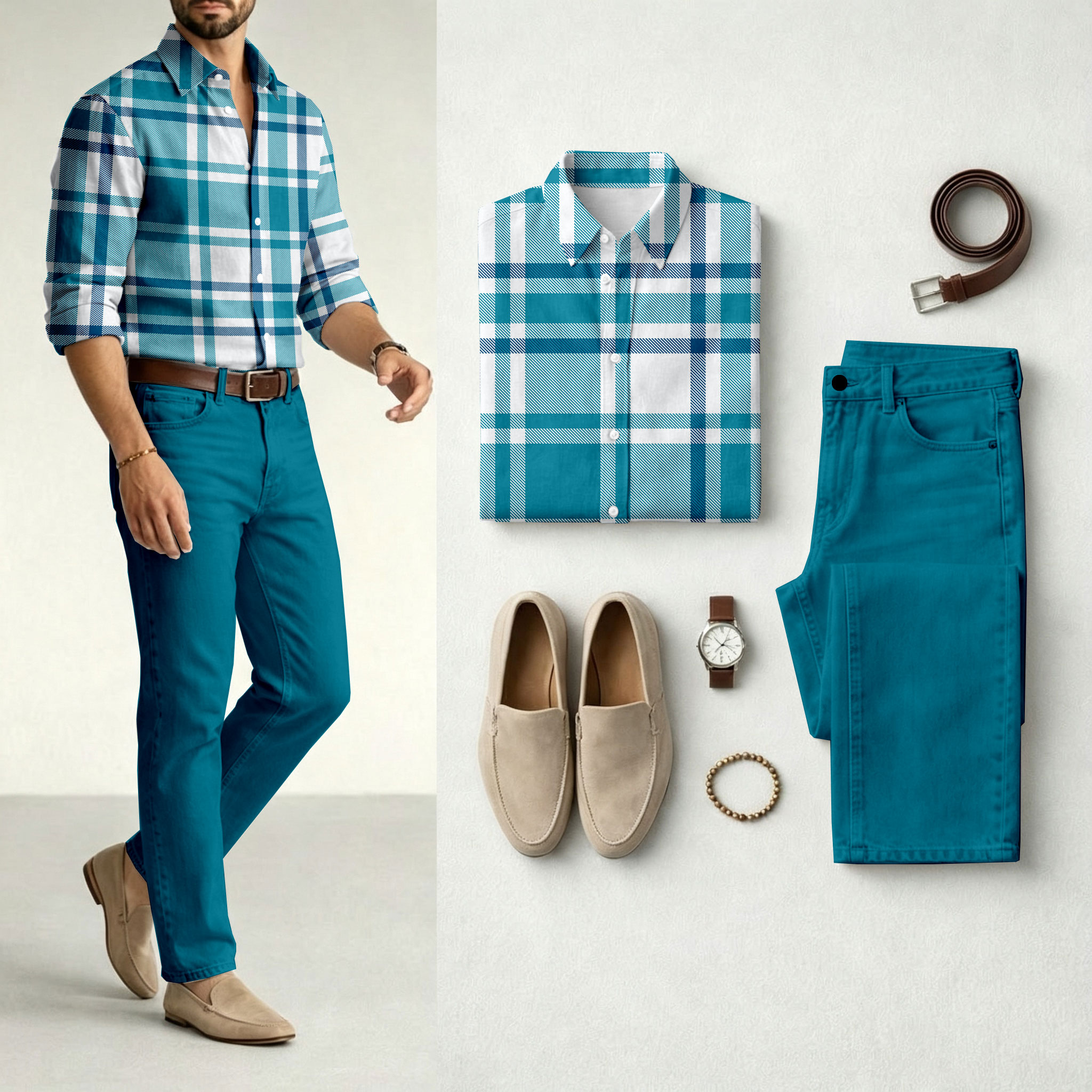para hombre Color-Blocked Checkered de manga larga camisa and Jeans Set
