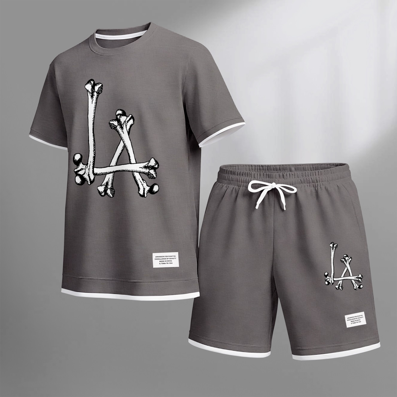 Camisa Streetwear Skeleton estampado Waffle Fabric de manga corta And shorts Set para hombre