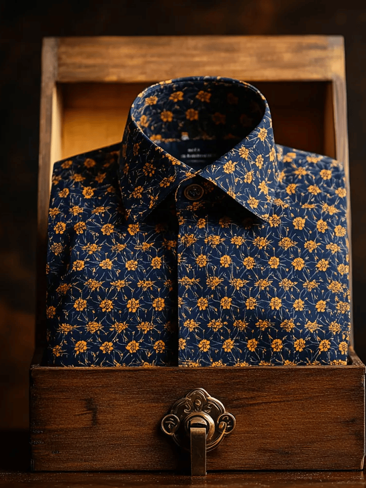 Camisa de lujo Romantic Contrast Color estampado de manga larga para hombre