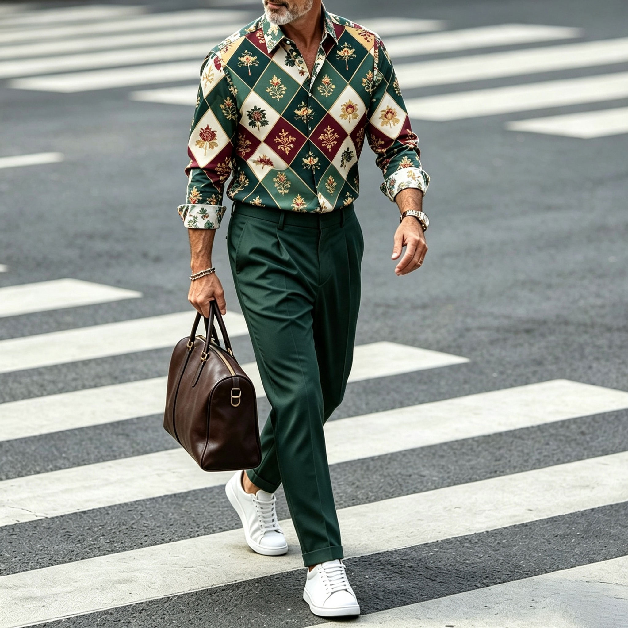 para hombre Geometric Print Lapel de manga larga camisa and pantalón Set