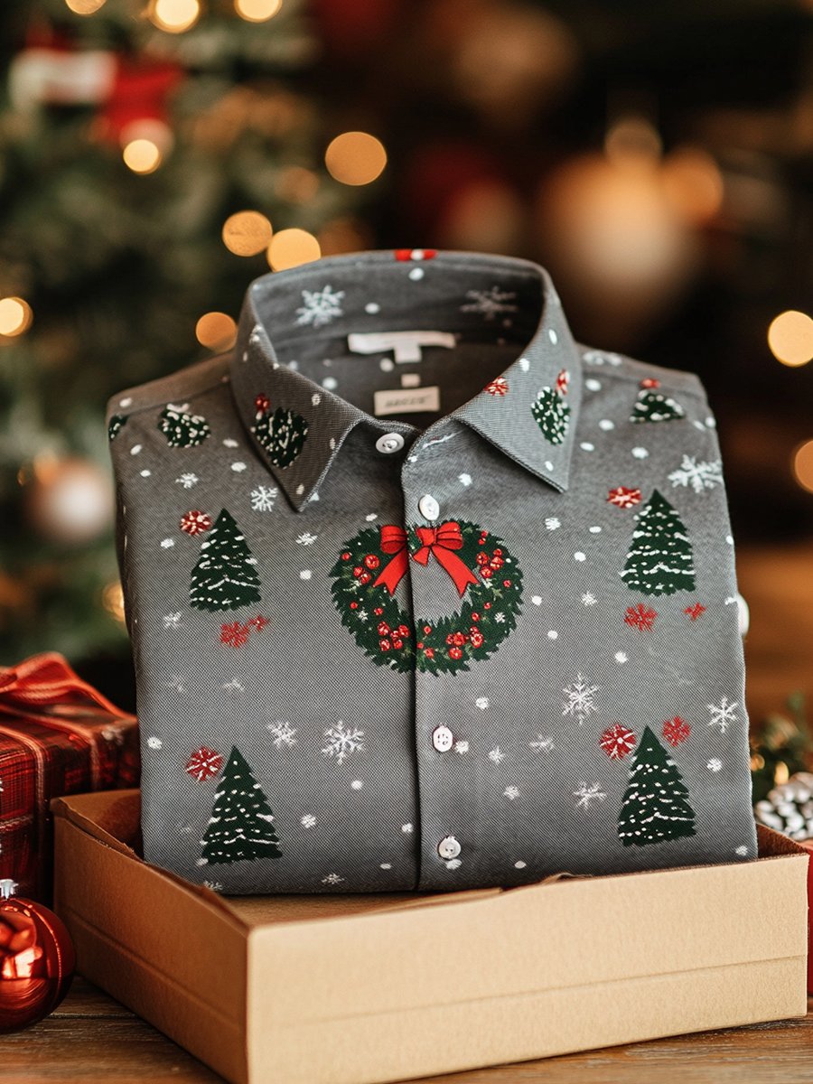 Camisa ejecutivo Christmas Tree Wreath estampado de manga larga para hombre