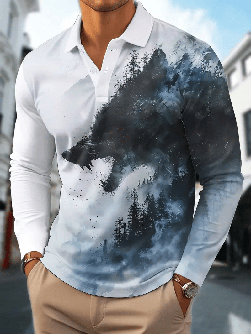 Camisa polo retro ejecutivo rayas estampado de manga larga para hombre