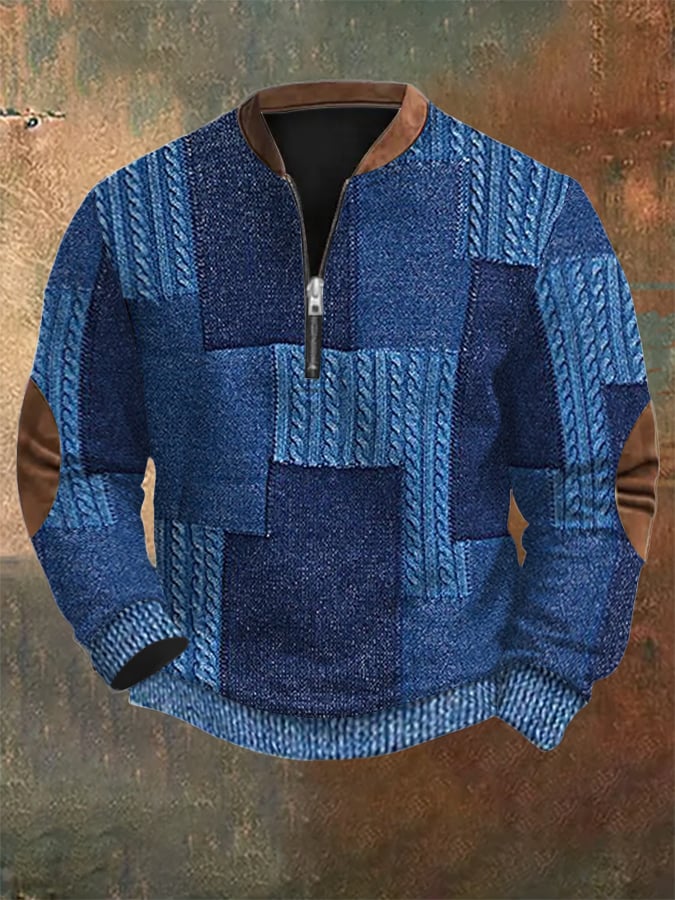 Sudadera retro Western texturizado estampado Zip cuello para hombre