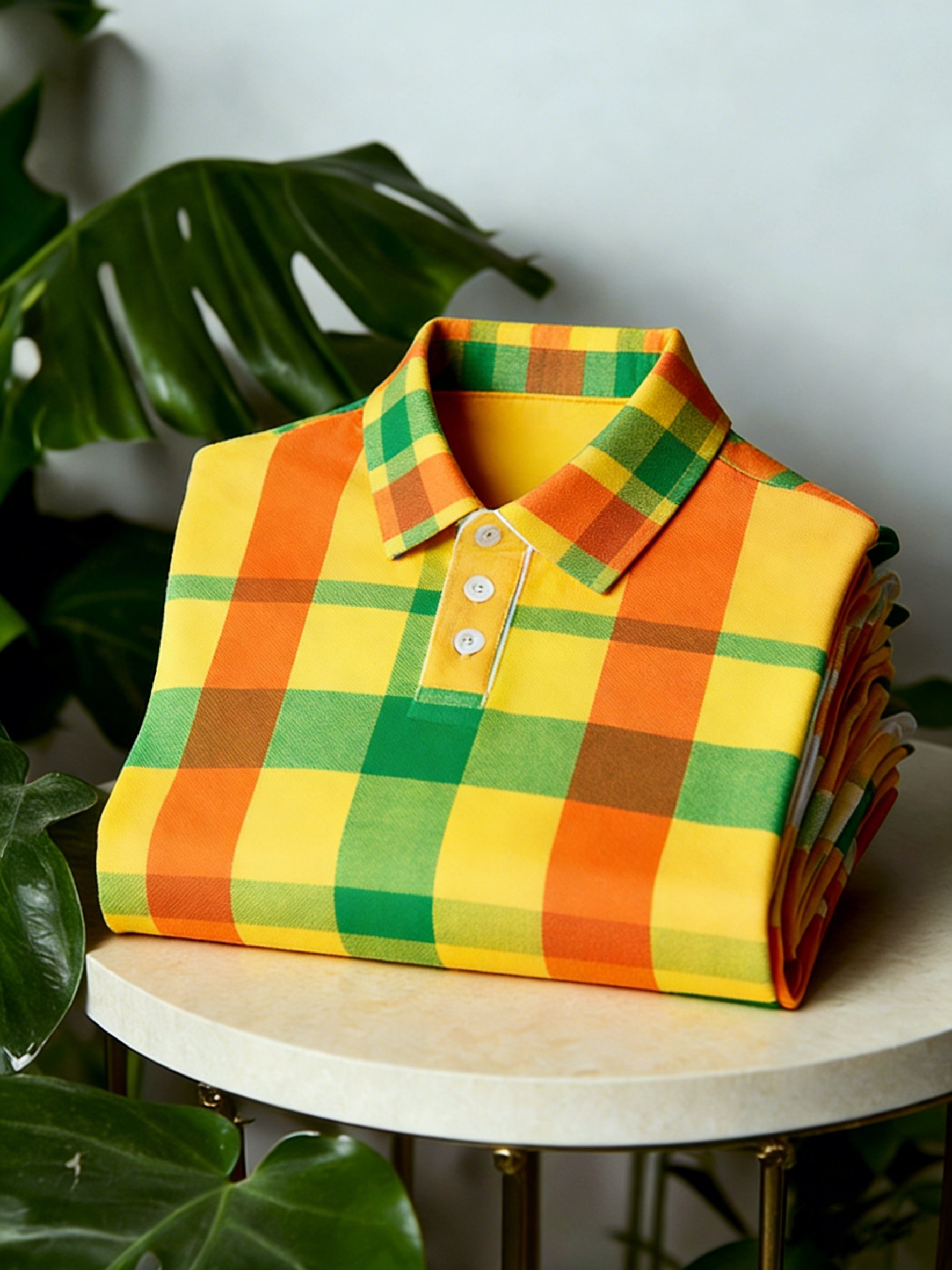 Camisa polo ejecutivo casual Button de manga corta a cuadros Yellow para hombre