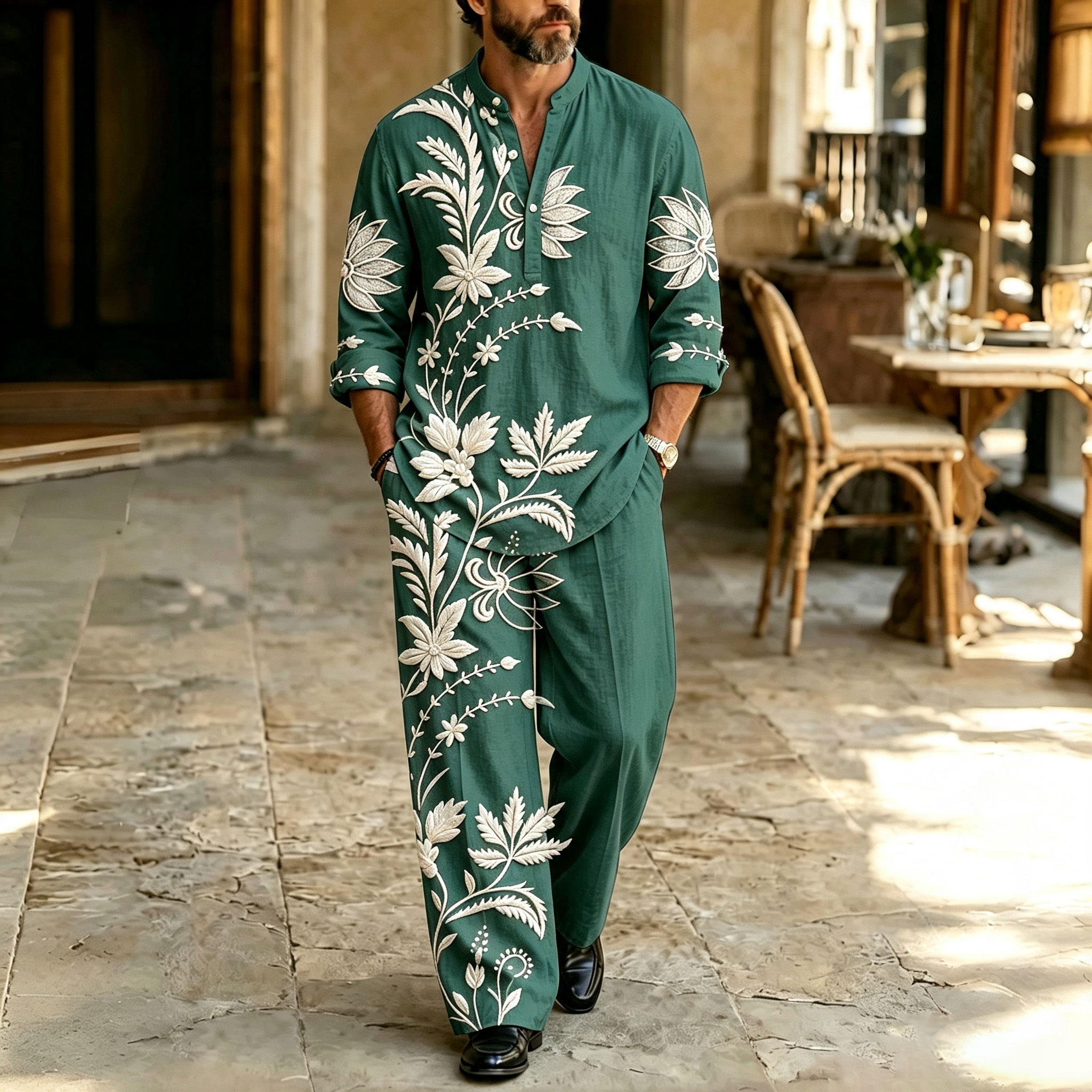 para hombre Green Stand-Collar camisa polo and pantalón Set
