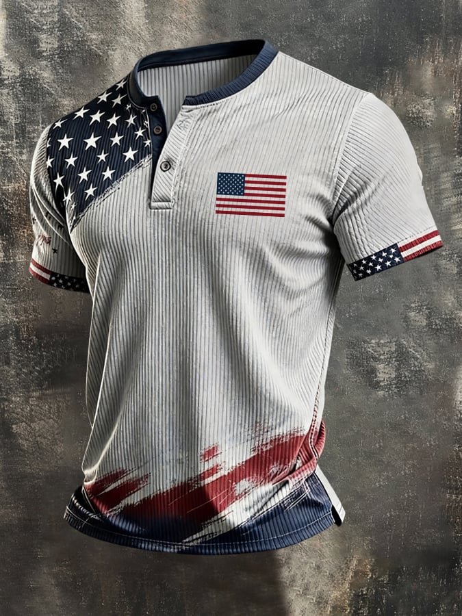Camiseta retro Independence Day Patriotic Ribbed Henley de manga corta para hombre
