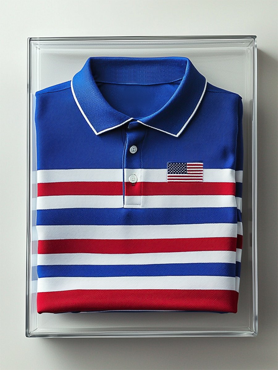 Camisa polo ejecutivo casual Independence Day a rayas Button de manga corta para hombre