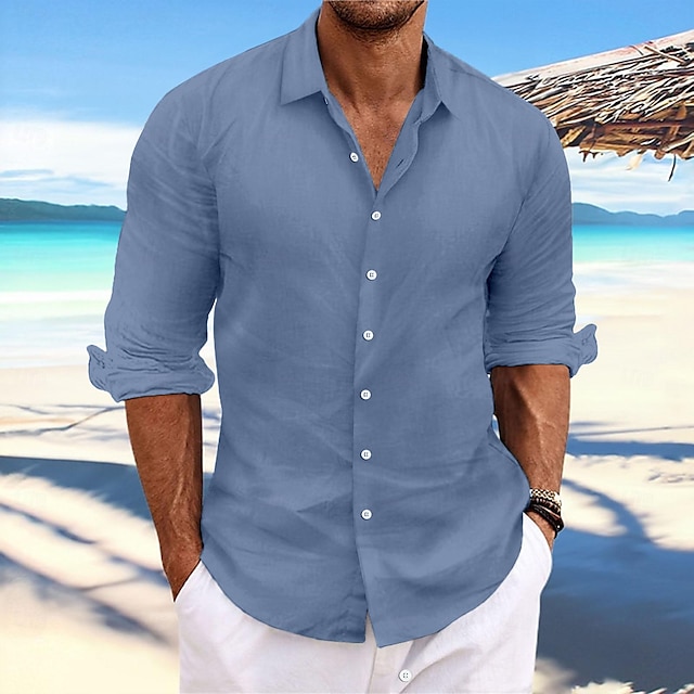 Camisa de lino Summer camisa Beach Wear casual camisa Button Up camisa Plain casual para uso diario Light Yellow White Pink Dark Navy de manga larga Spring & Summer Clothing Apparel para hombre