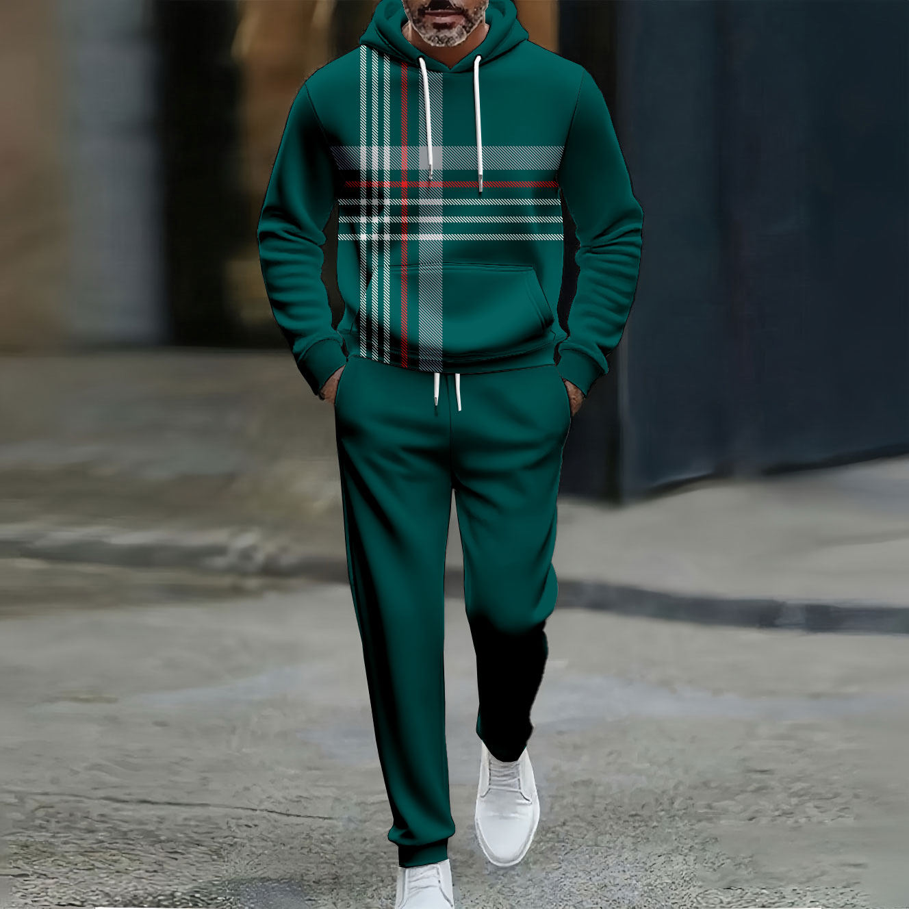Conjunto de dos piezas casual Color Matching Checked estampado Hooded de manga larga Trousers Dark Green para hombre