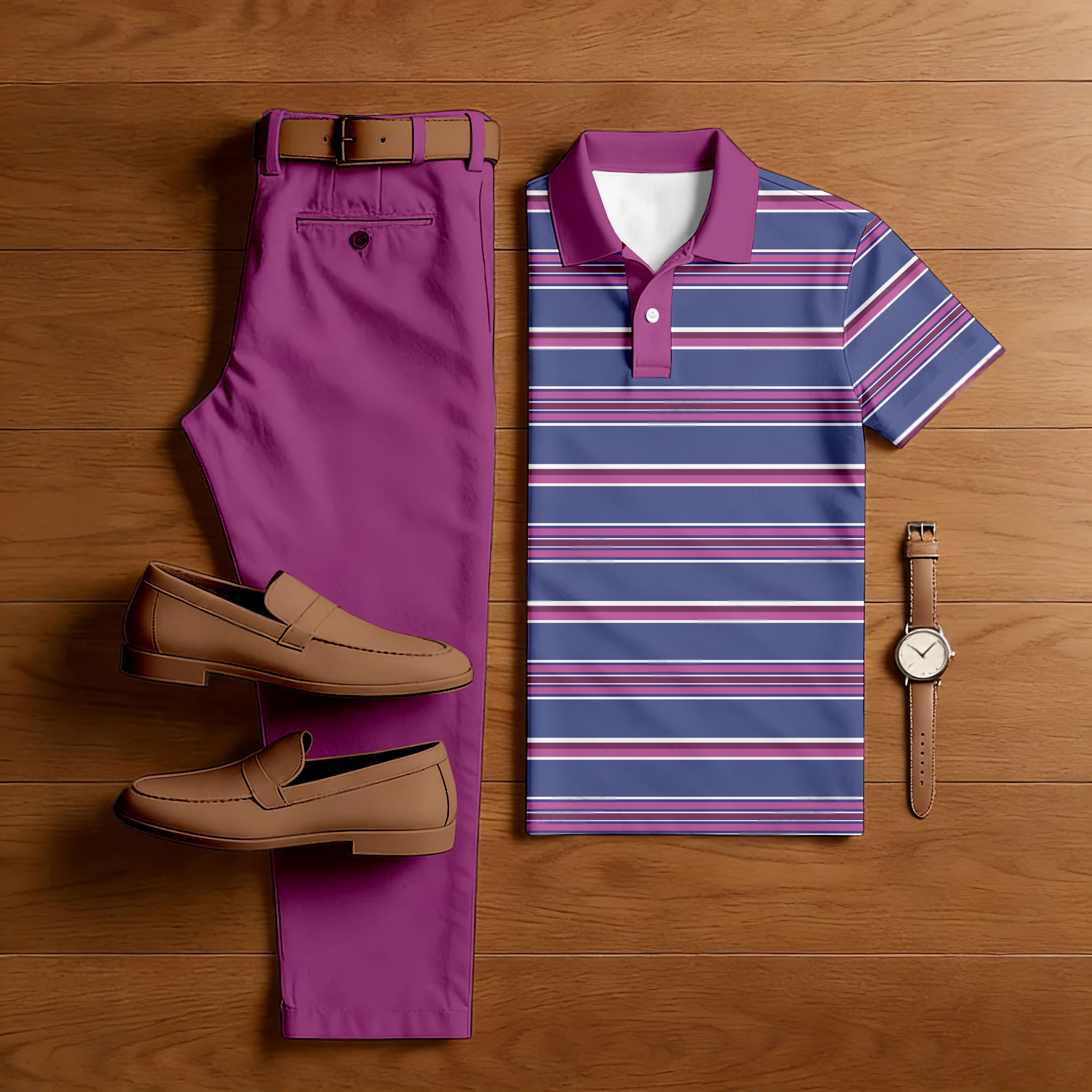 Conjunto de dos piezas casual Purple & Navy Blue Color Matching a rayas estampado de manga corta camisa polo & Trousers para hombre