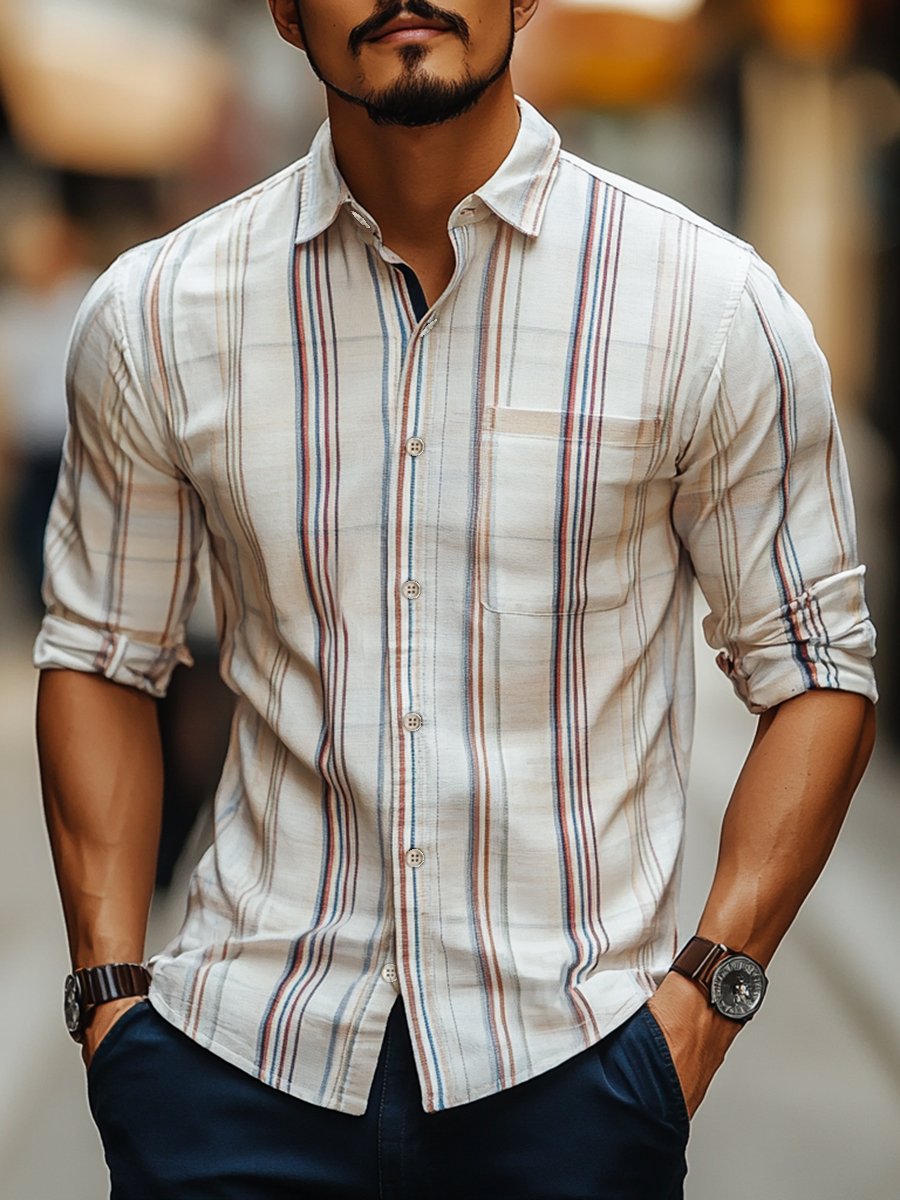 Camisa casual a rayas de manga larga para hombre