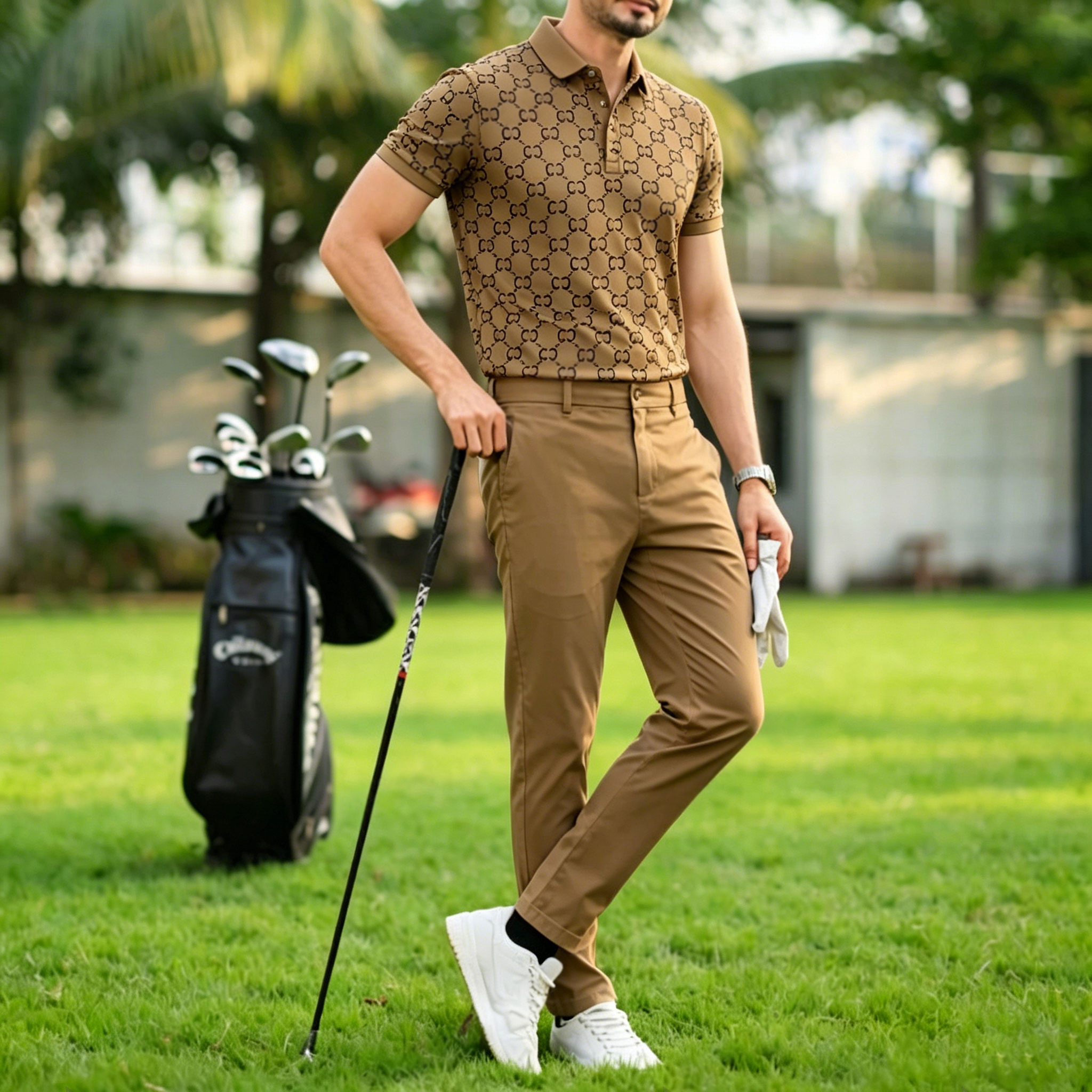 Conjunto de dos piezas casual Brown a cuadros estampado camisa polo And pantalón para hombre
