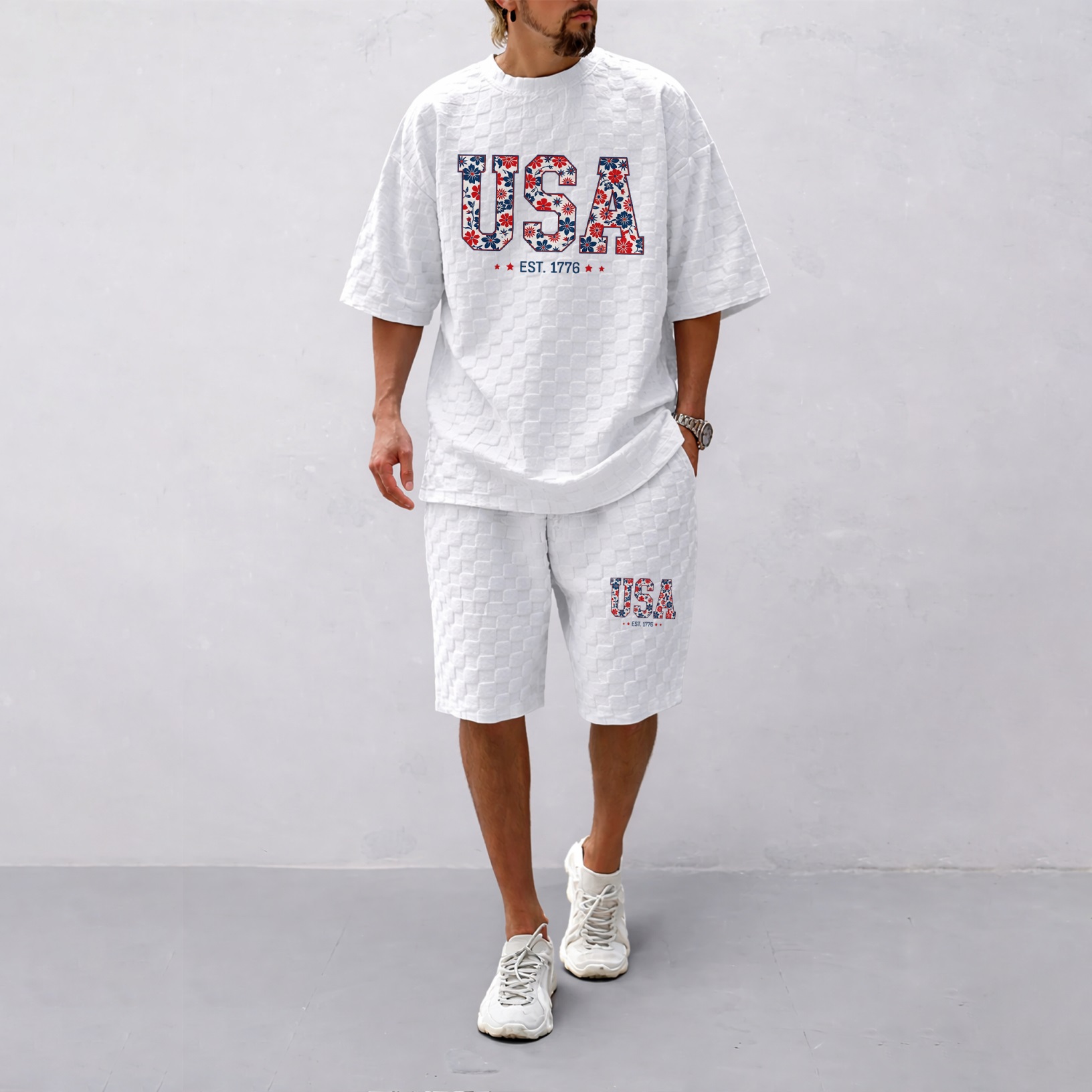Camisa Spring/Summer USA-estampado a cuadros Drawstring shorts Set—A casual summer outfit featuring a de manga corta and shorts, ideal for both everyday wear and athletic activities para hombre
