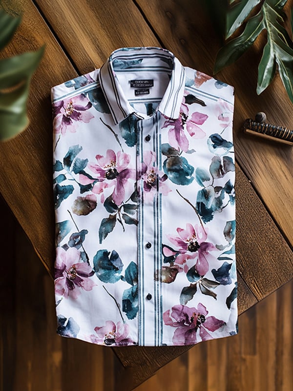 Camisa casual Watercolor floral estampado de manga larga para hombre