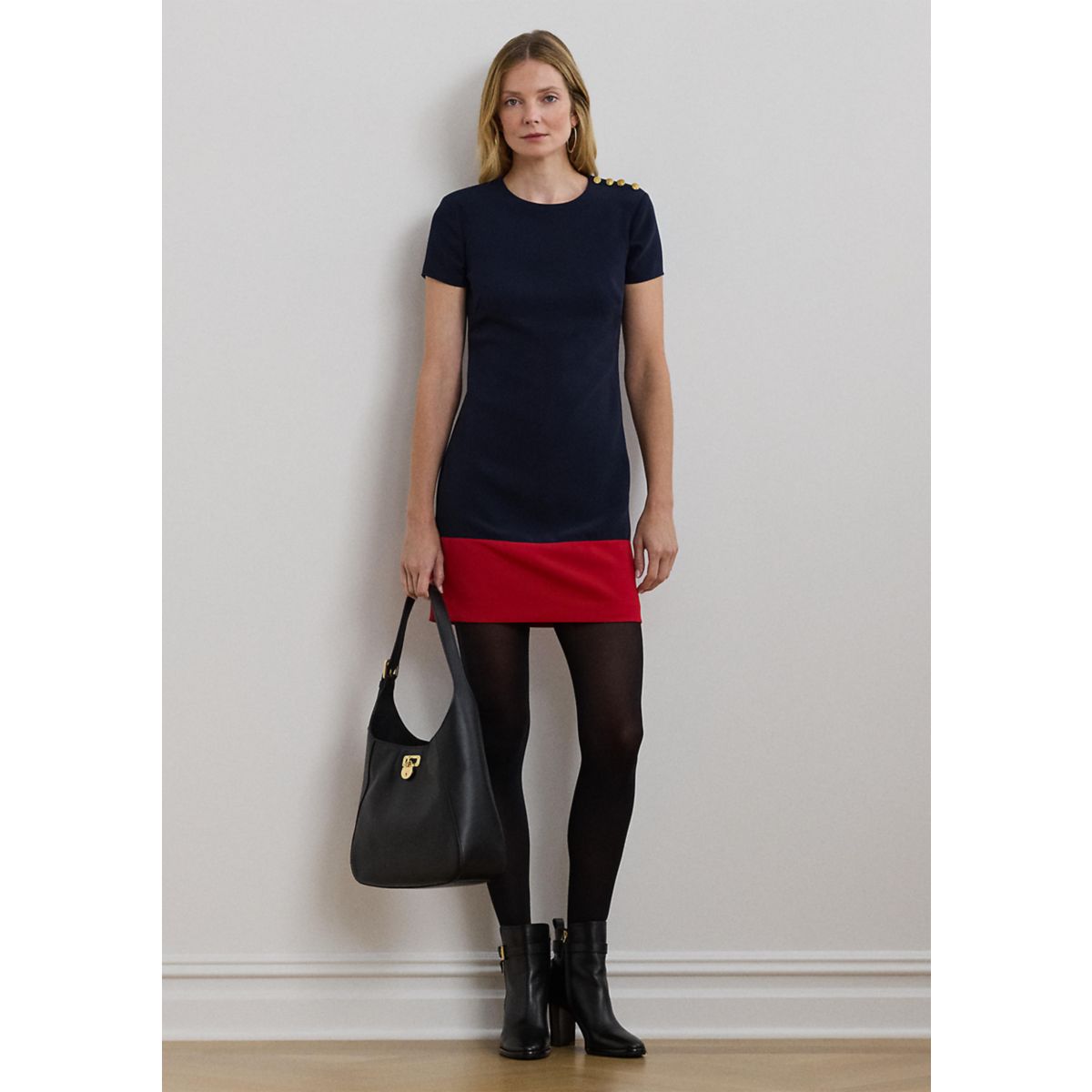 Two Tone Button Trim Crepe Shift Dress - 1