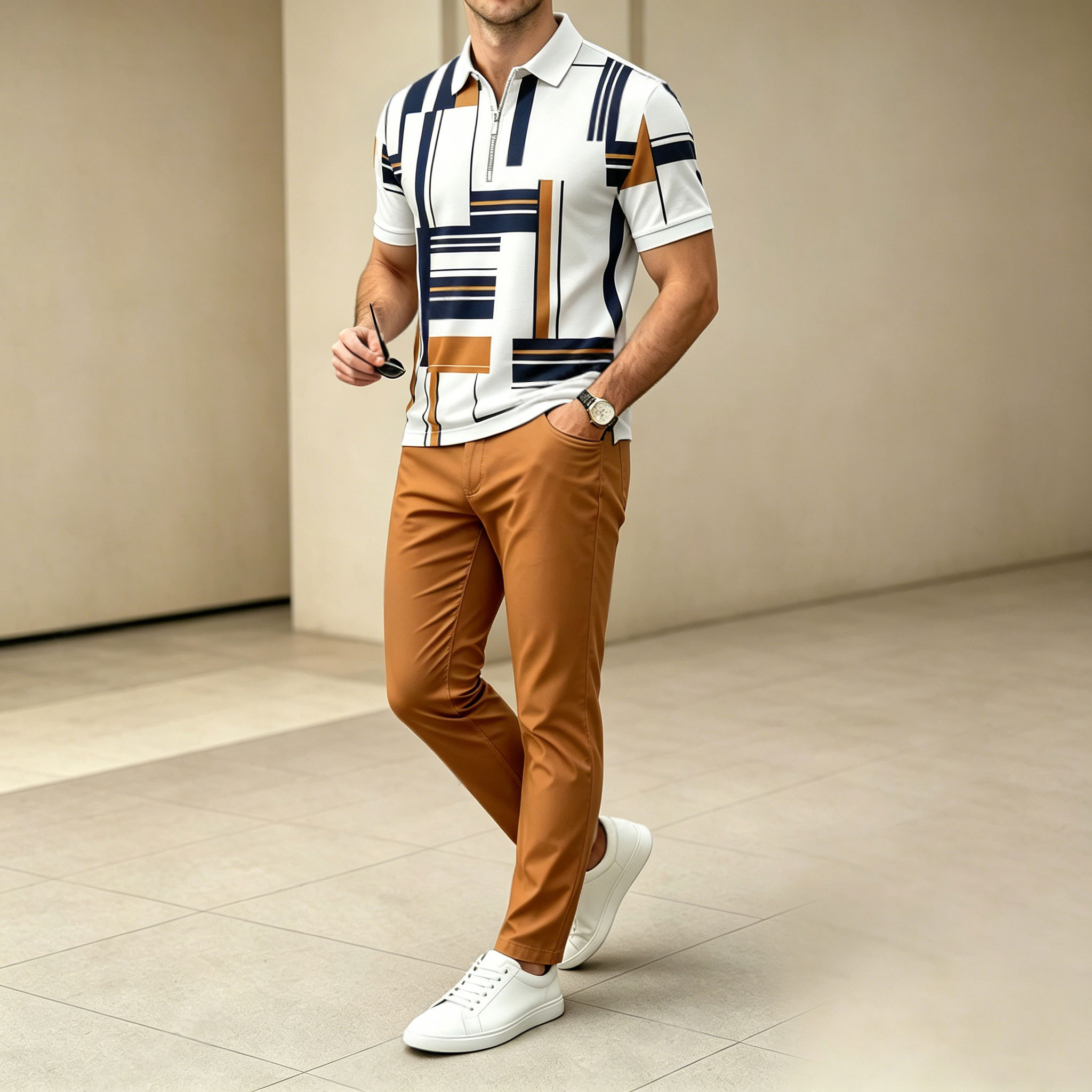 Conjunto de dos piezas casual White estampado camisa polo And pantalón para hombre