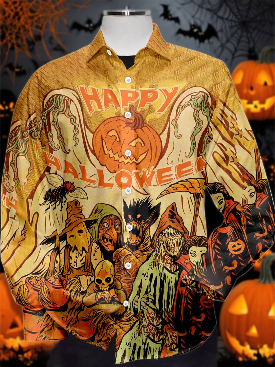 Camisa vintage Halloween estampado de manga larga para hombre
