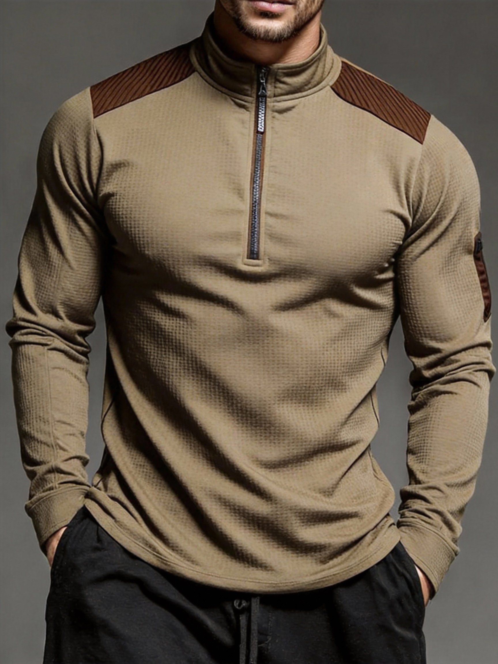 Chaqueta vintage Style Patchpara trabajo Stand-cuello de manga larga with cierre para hombre