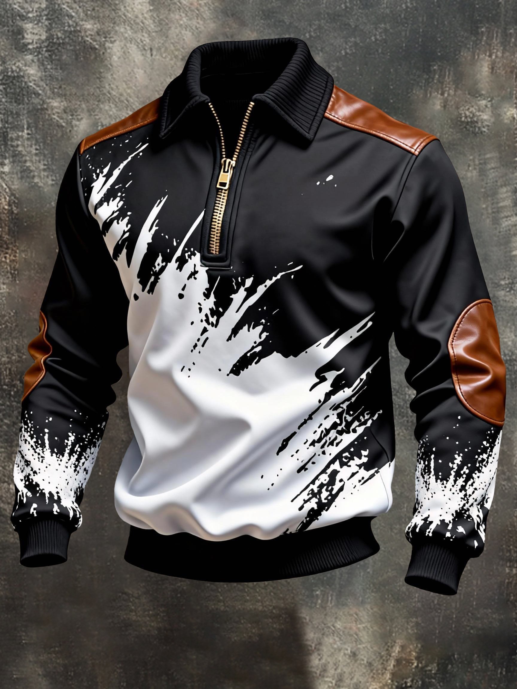 Sudadera vintage Color-Block estampado con cierre con gorrasucha para hombre