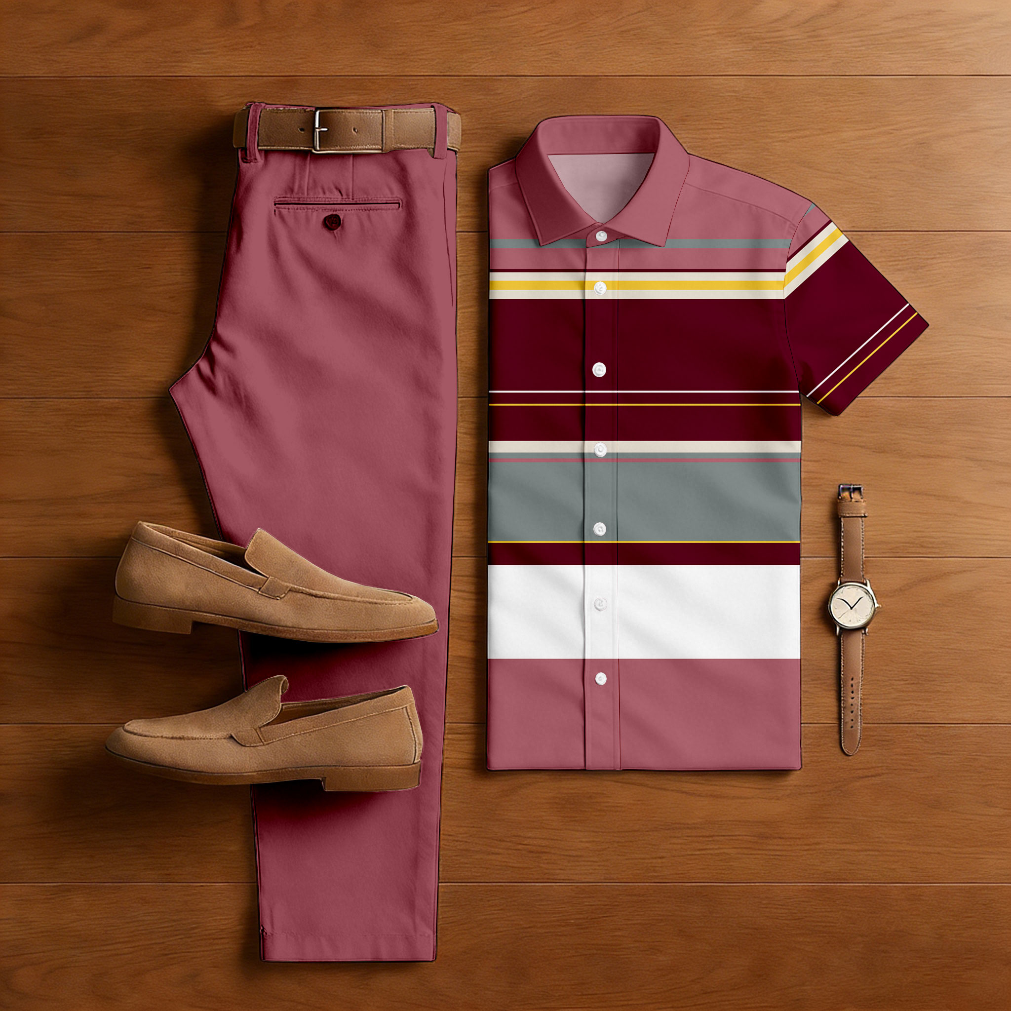 Conjunto de dos piezas casual Pink & Maroon Color Matching a rayas estampado de manga corta camisa & Trousers para hombre