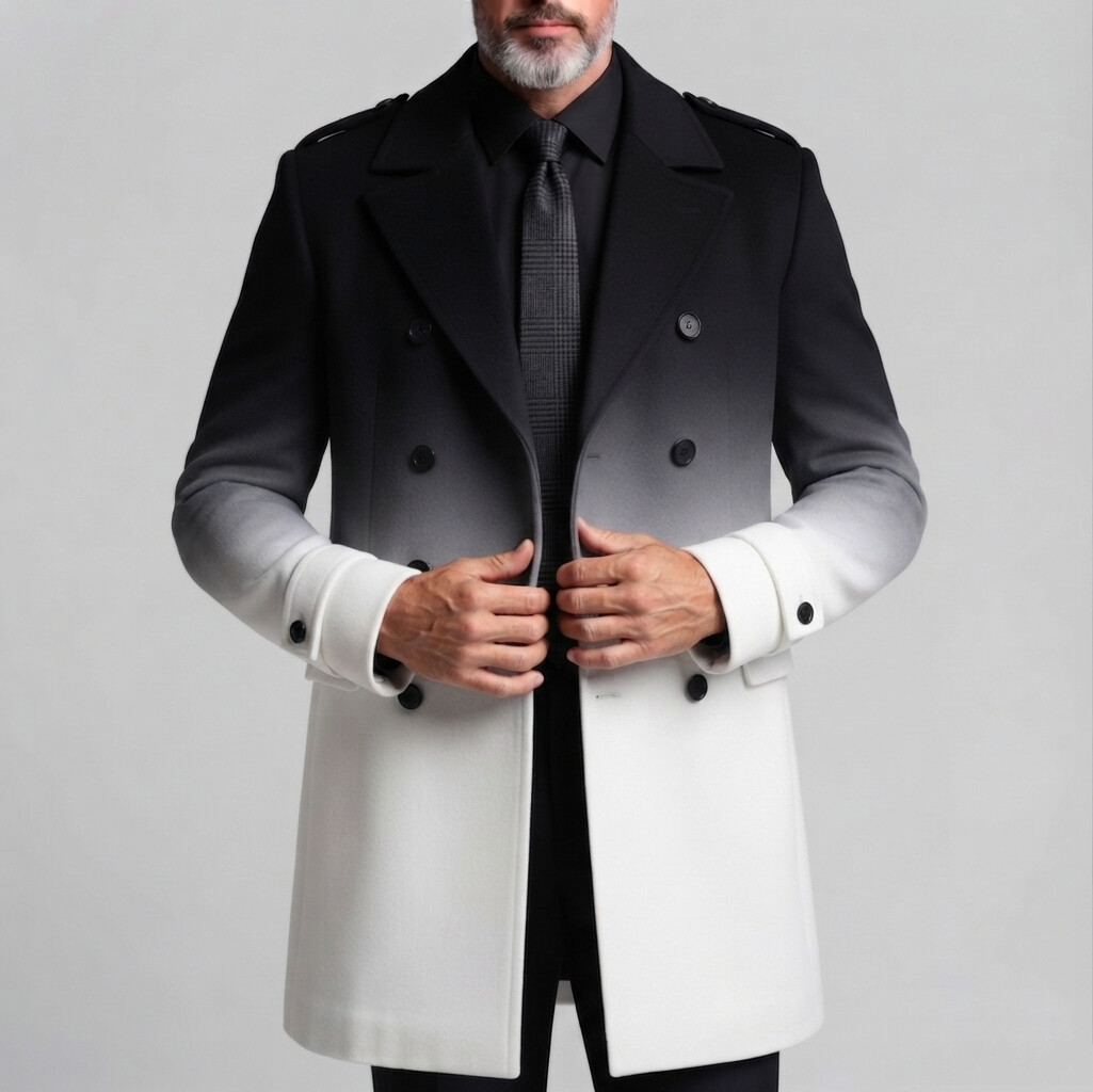 para hombre Black And White Gradient Double Breasted Notch Lapel Woolen Trench Coat