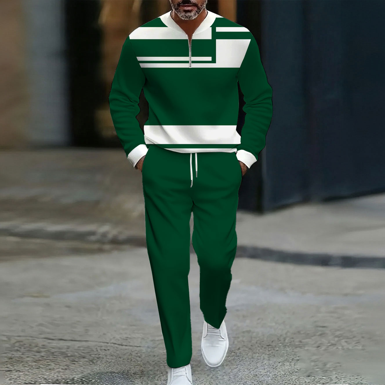 Conjunto de dos piezas casual Green & White Color Matching Geometric estampado Round Neck Zipper de manga larga sudadera & pantalón para hombre