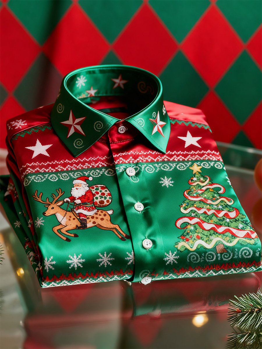 Camisa Christmas de manga larga con botones para hombre