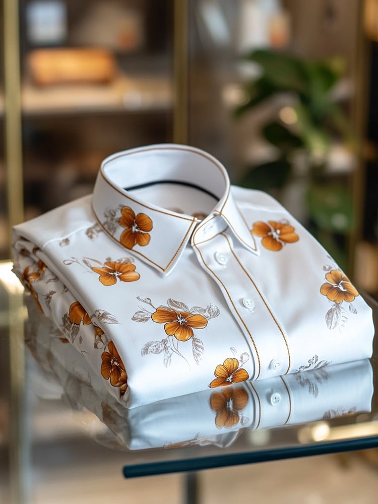 Camisa ejecutivo casual floral estampado solapa de manga larga para hombre