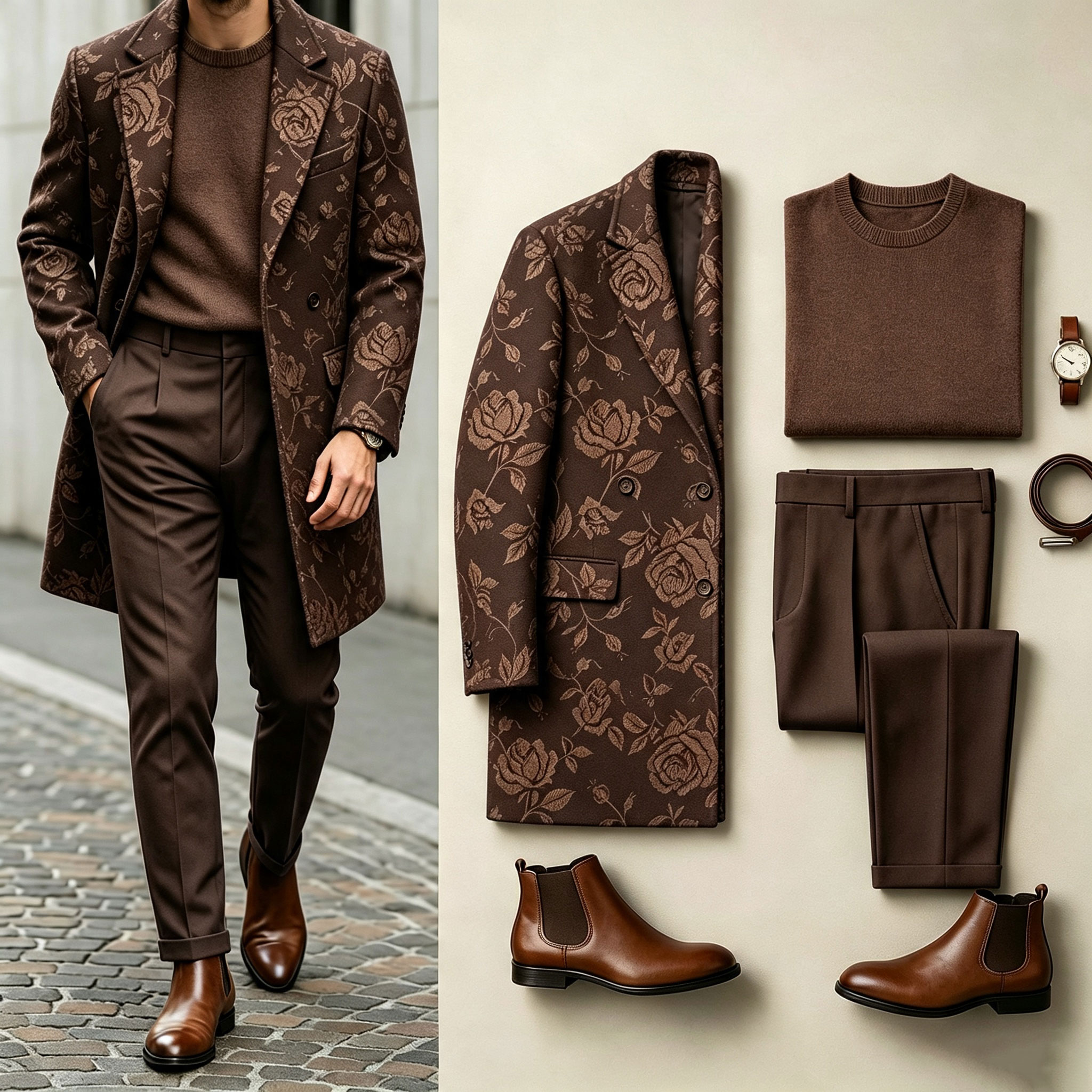para hombre Flower Three-Piece Set: Mid-Length Wool Coat, Crew-Neck Sweater, and Flowy Dress pantalón