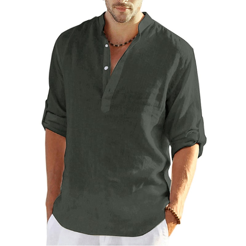 Camisa de lino camisa Band cuello camisa Popover camisa Summer camisa Beach Wear de color sólido hawaiano Holiday Black White Yellow Pink de manga larga Henley Summer Spring Clothing Apparel con botones para hombre - vista 8