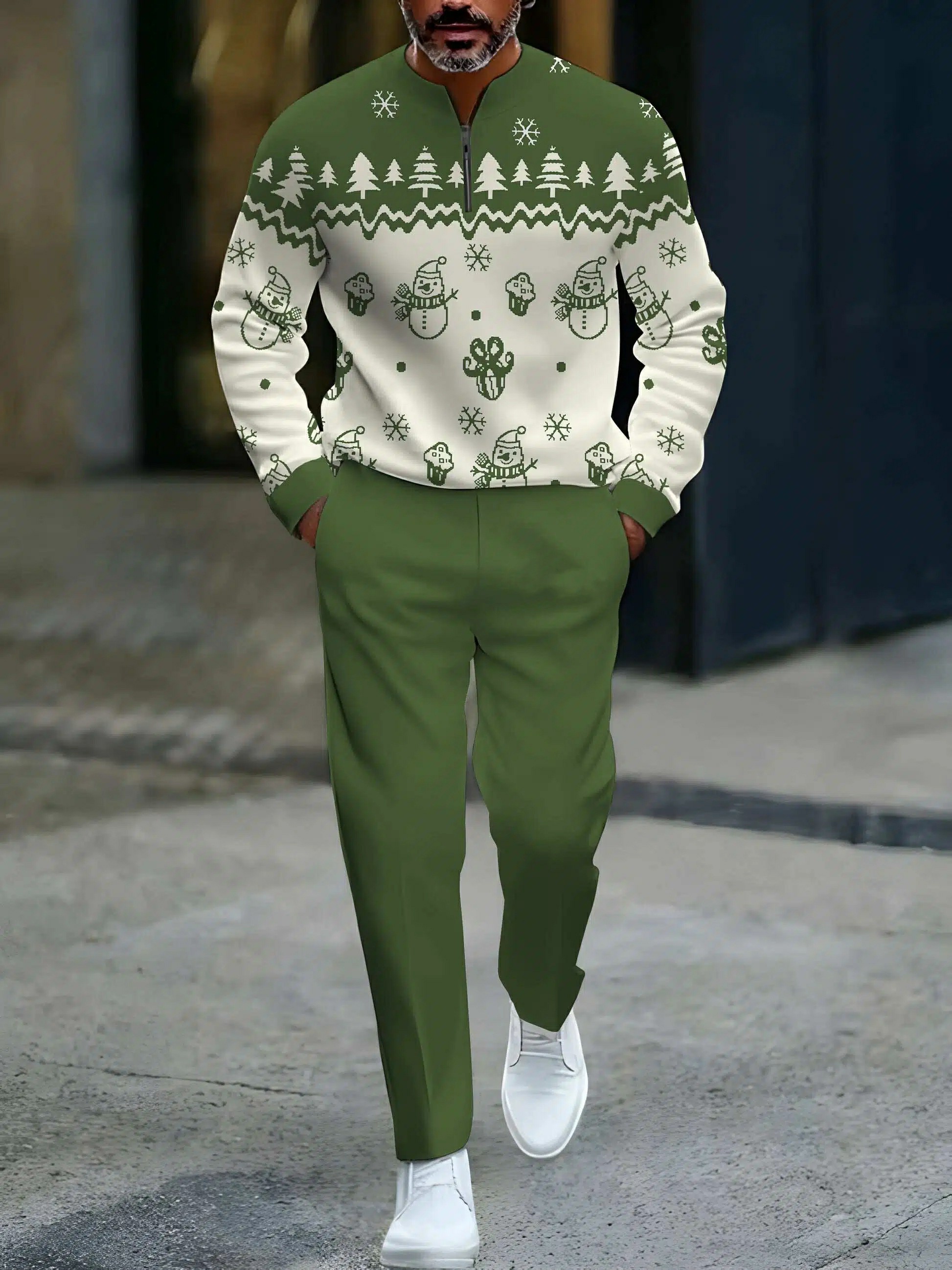 Conjunto de dos piezas casual Green & White Color Matching Christmas estampado Round-Neck Zipper de manga larga sudadera & Trousers para hombre