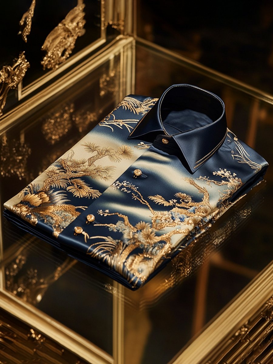 Camisa satén de lujo ejecutivo Ukiyo-E de manga larga para hombre