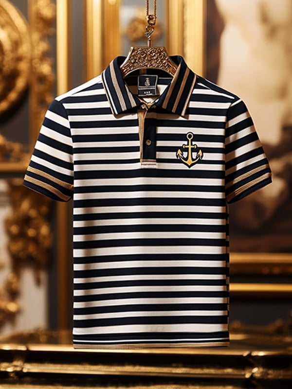 Camisa polo ejecutivo rayas Logo con botones de manga corta para hombre