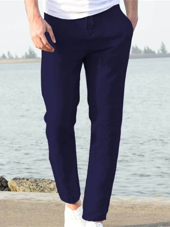 Casual de color sólido de algodón And de lino Drawstring Elastic Waist Trousers para hombre