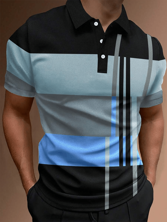 Camisa polo retro Contrast Design Button de manga corta casual para hombre