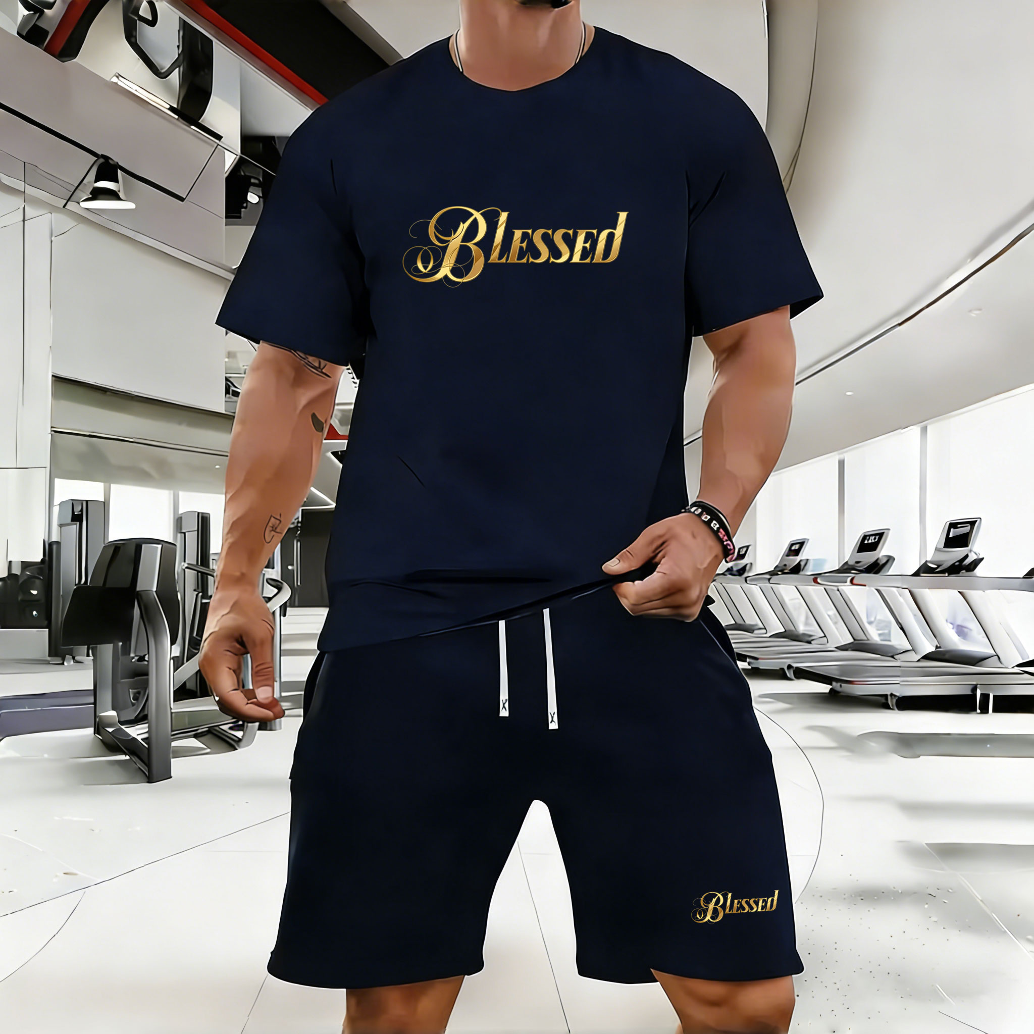 Conjunto de dos piezas casual Black Lettering Blessed Crew Neck de manga corta camisa And shorts para hombre